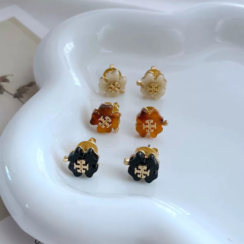 Tory Burch Metal Acrylic 4 Leaf Clover Letter Stud Earrings Mini